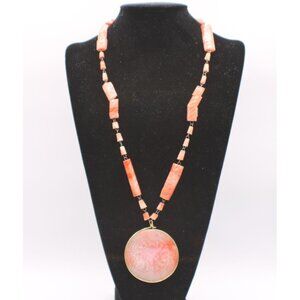 Vintage Pink Coral Beaded Large Etched Pendant Necklace Artisan Aztec Gold-Tone